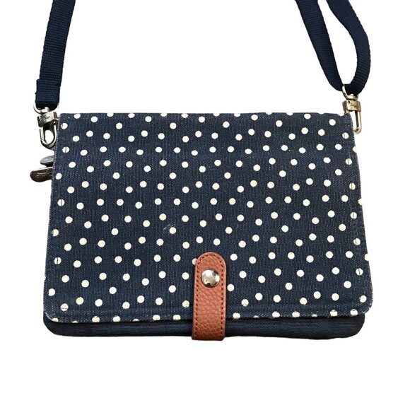 Thirty-One Double Up Crossbody Bag SMALL Navy, White Polka Dot Canvas Snap 6'X8" - Picture 1 of 11